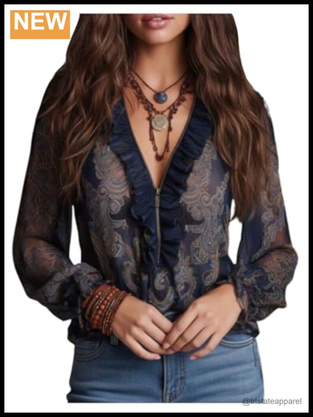 Sheer Chiffon Paisley Print Ruffle Long Sleeve Blouse Womens V-Neck